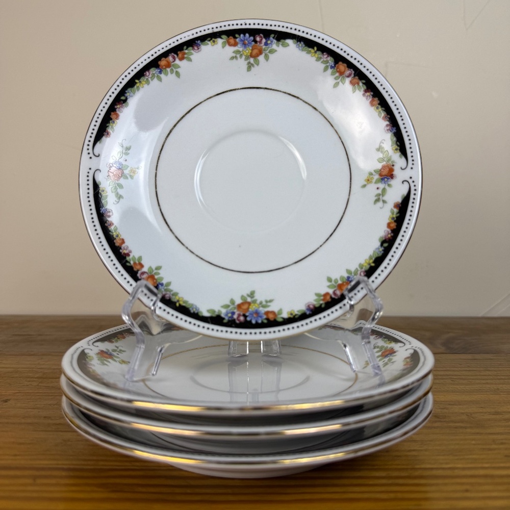 Set of 4 Lynn’s Fine China Saucers – Floral Black & Gold Trim, 6.25” - Picture 6 of 13